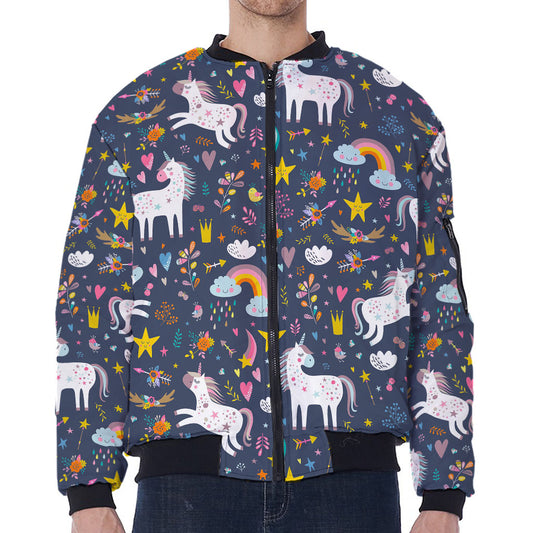 Unicorn Dream Cartoon Pattern Print Zip Sleeve Bomber Jacket
