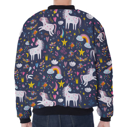 Unicorn Dream Cartoon Pattern Print Zip Sleeve Bomber Jacket