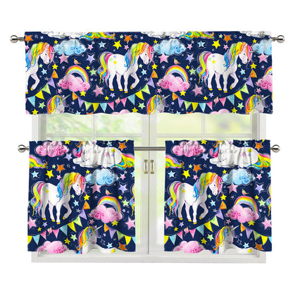 Unicorn Night Festival Pattern Print 3 Piece Kitchen Curtains
