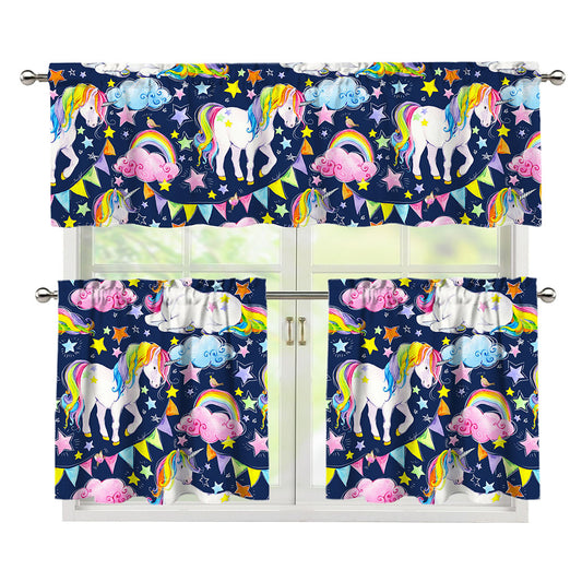 Unicorn Night Festival Pattern Print 3 Piece Kitchen Curtains
