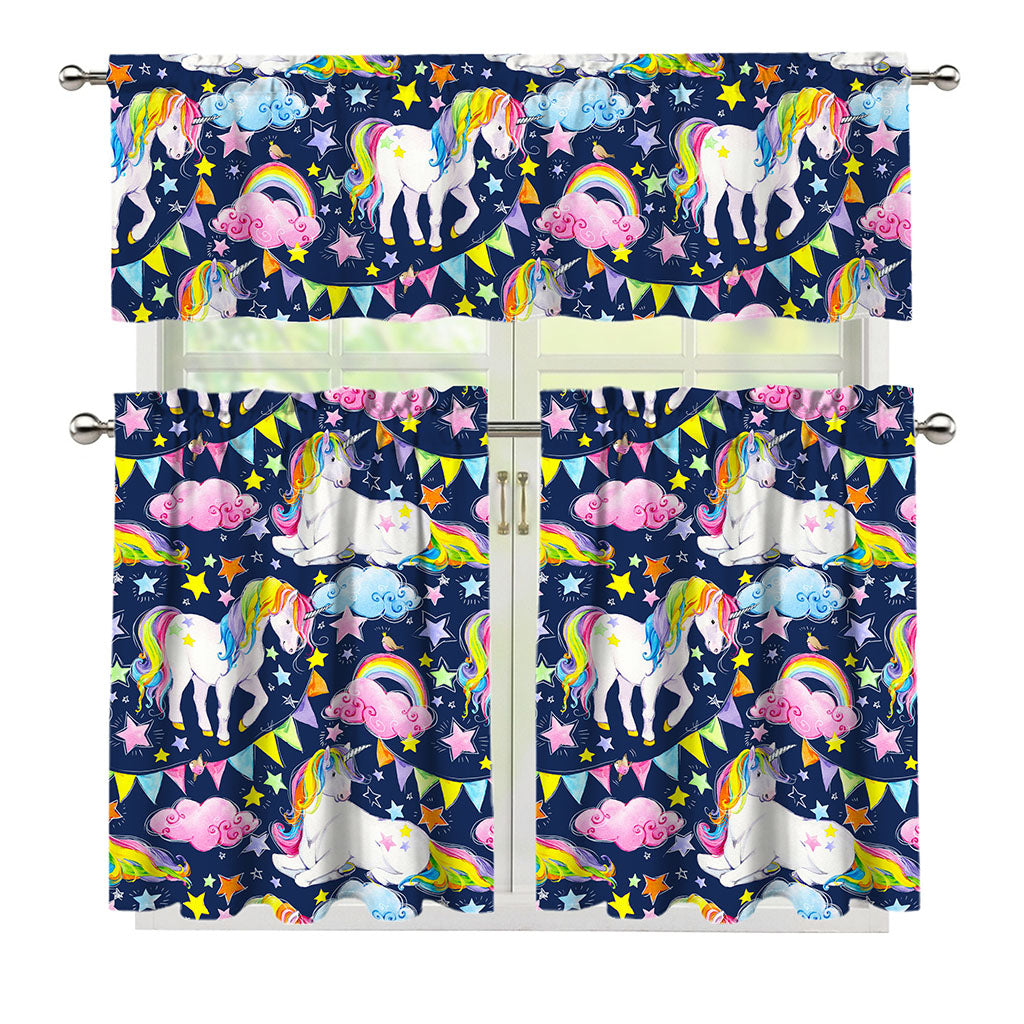Unicorn Night Festival Pattern Print 3 Piece Kitchen Curtains