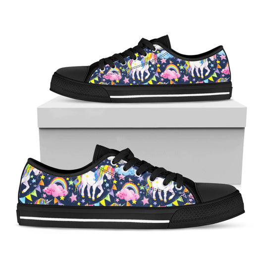 Unicorn Night Festival Pattern Print Black Low Top Sneakers
