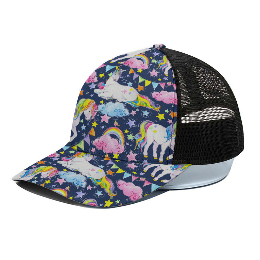 Unicorn Night Festival Pattern Print Black Mesh Trucker Cap