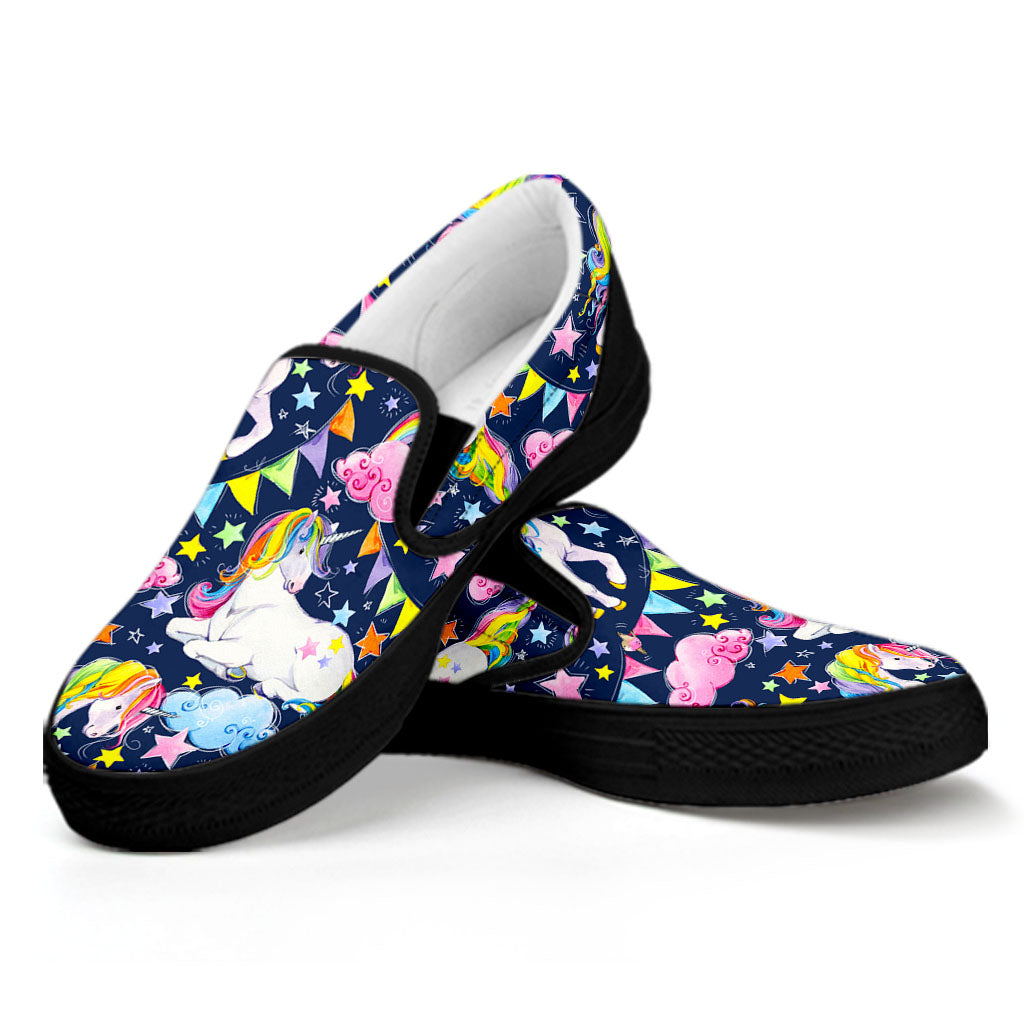 Unicorn Night Festival Pattern Print Black Slip On Sneakers