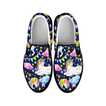 Unicorn Night Festival Pattern Print Black Slip On Sneakers