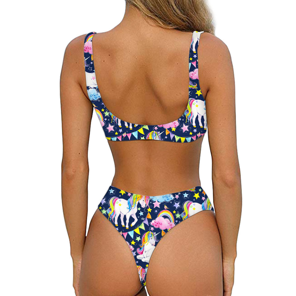 Unicorn Night Festival Pattern Print Front Bow Tie Bikini