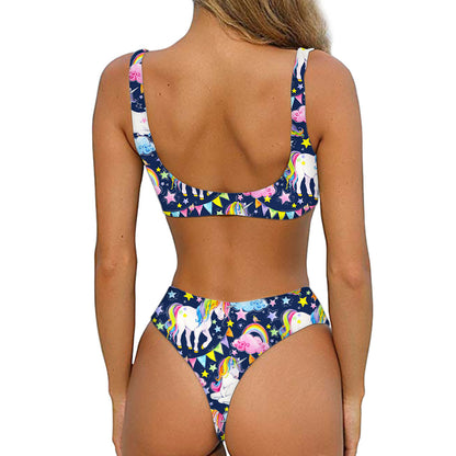 Unicorn Night Festival Pattern Print Front Bow Tie Bikini