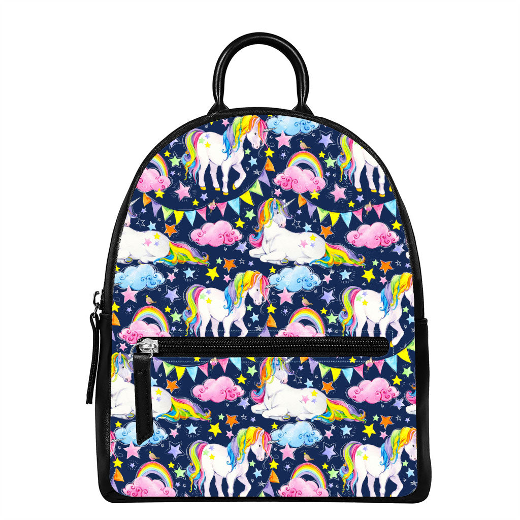 Unicorn Night Festival Pattern Print Leather Backpack