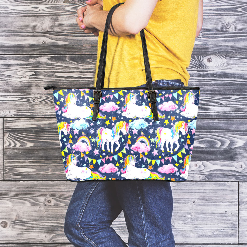 Unicorn Night Festival Pattern Print Leather Tote Bag
