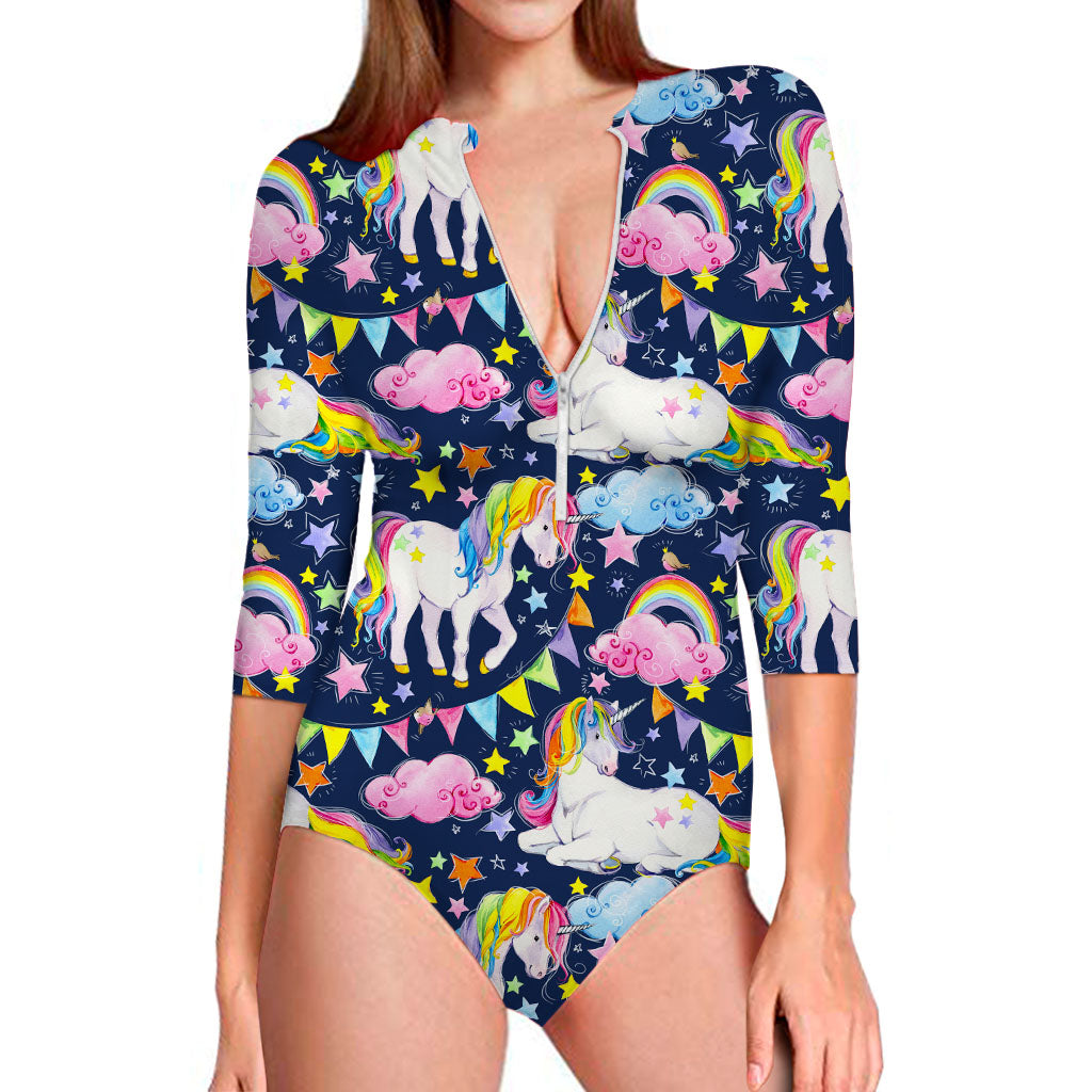 Unicorn Night Festival Pattern Print Long Sleeve Swimsuit