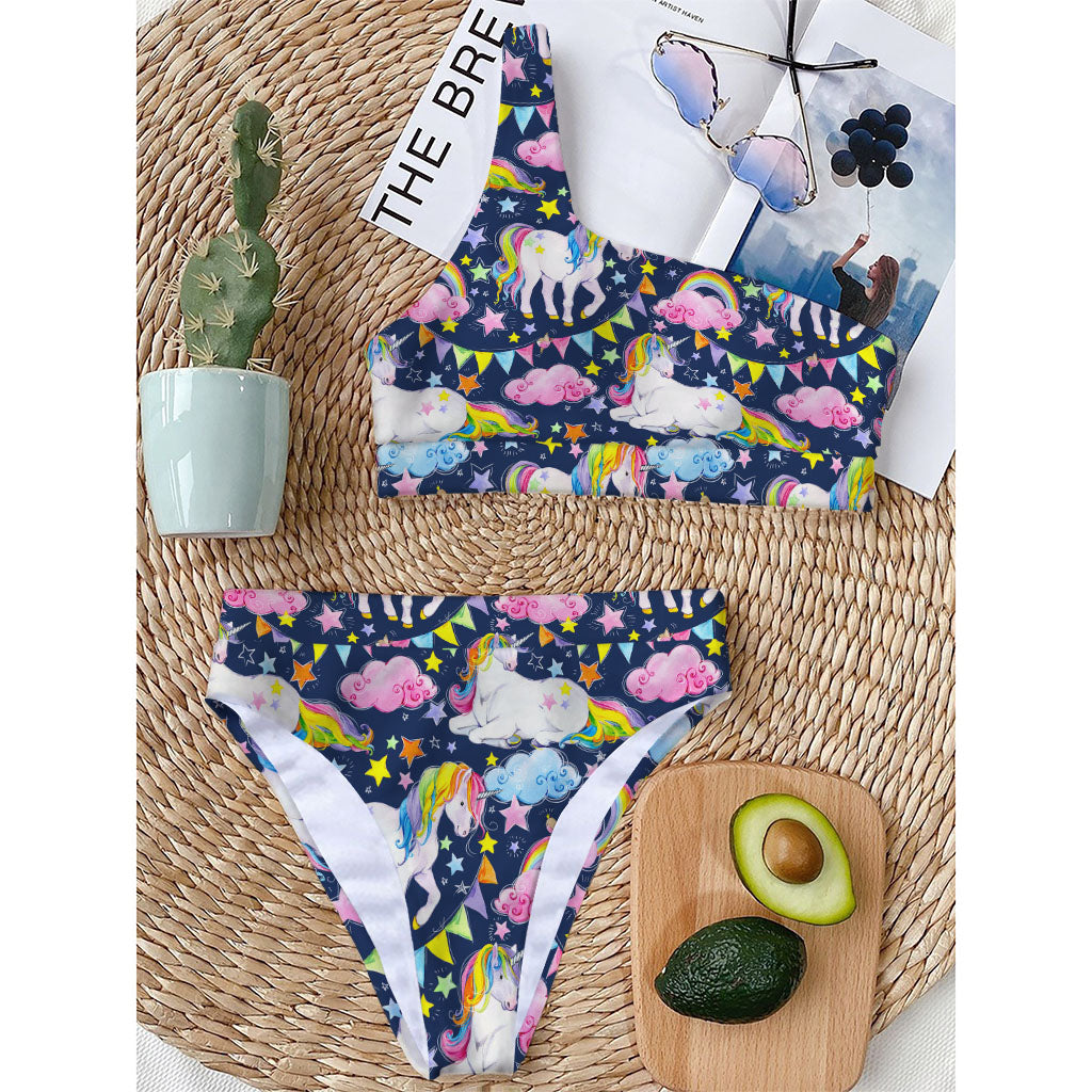 Unicorn Night Festival Pattern Print One Shoulder Bikini Top