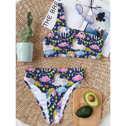 Unicorn Night Festival Pattern Print One Shoulder Bikini Top