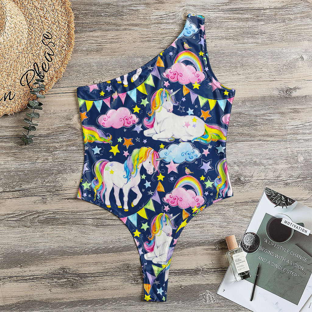 Unicorn Night Festival Pattern Print One Shoulder Bodysuit