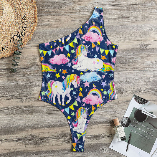 Unicorn Night Festival Pattern Print One Shoulder Bodysuit