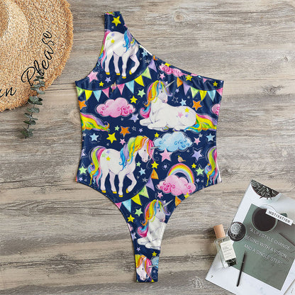 Unicorn Night Festival Pattern Print One Shoulder Bodysuit