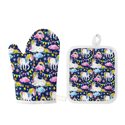 Unicorn Night Festival Pattern Print Oven Mitt And Pot Holder Set