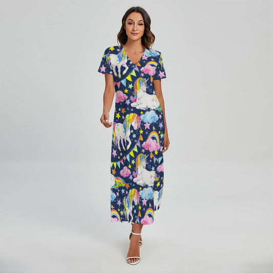 Unicorn Night Festival Pattern Print Short Sleeve Maxi Dress