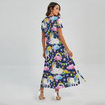 Unicorn Night Festival Pattern Print Short Sleeve Maxi Dress