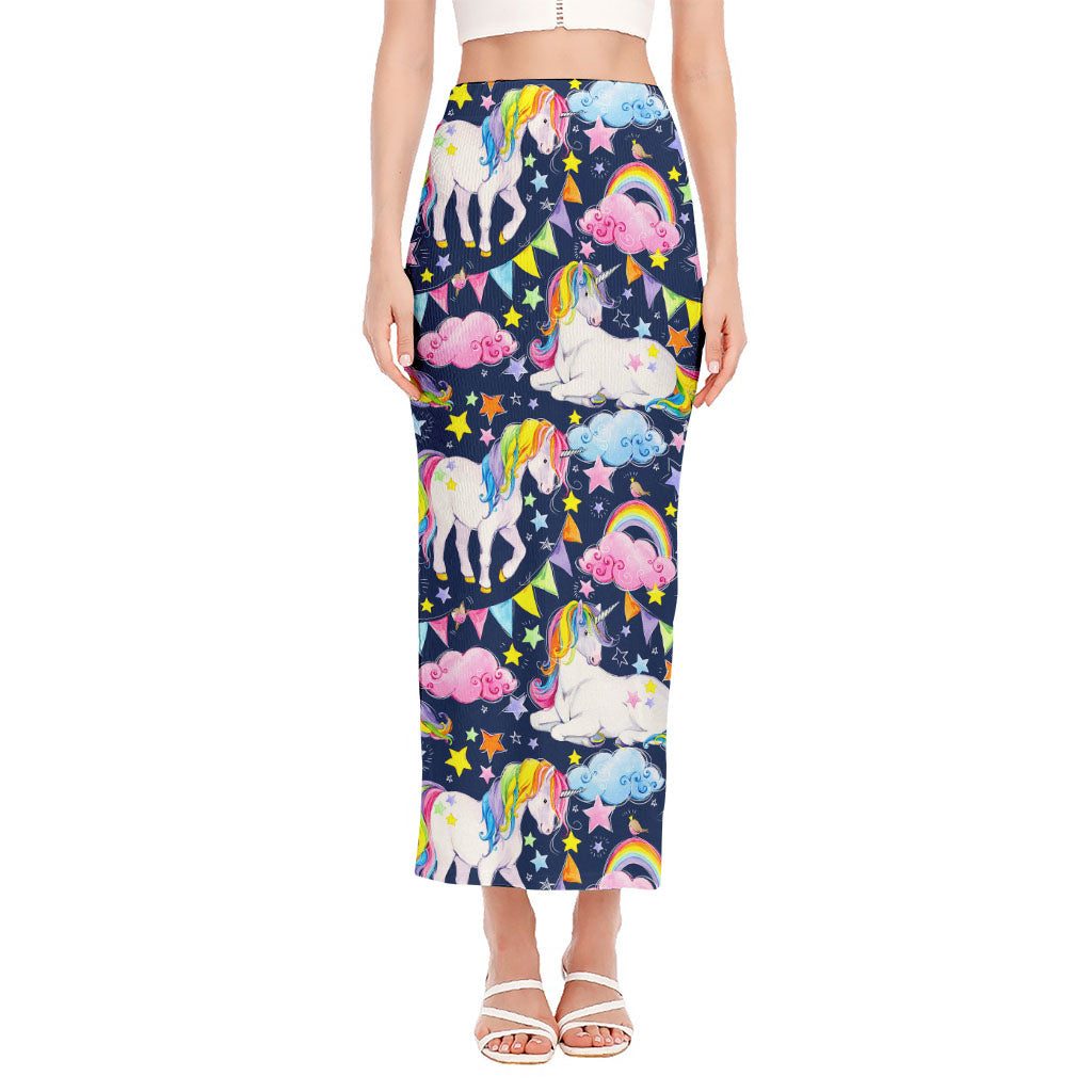 Unicorn Night Festival Pattern Print Side Slit Maxi Skirt