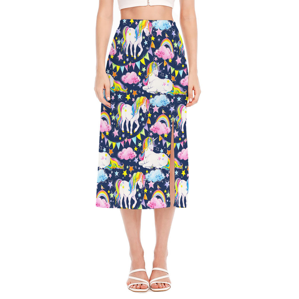 Unicorn Night Festival Pattern Print Side Slit Midi Skirt