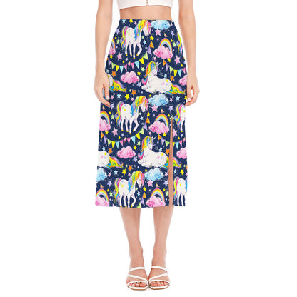 Unicorn Night Festival Pattern Print Side Slit Midi Skirt