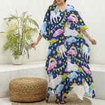 Unicorn Night Festival Pattern Print Silk V-Neck Kaftan Dress
