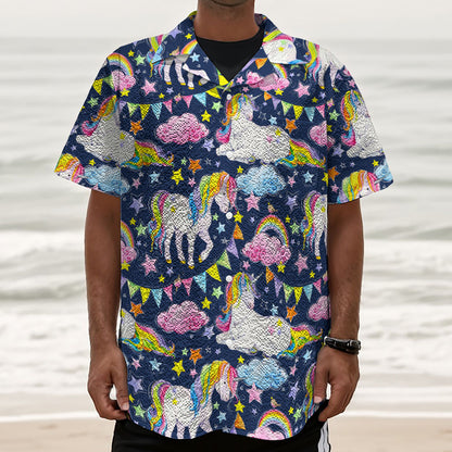 Unicorn Night Festival Pattern Print Textured Short Sleeve Shirt