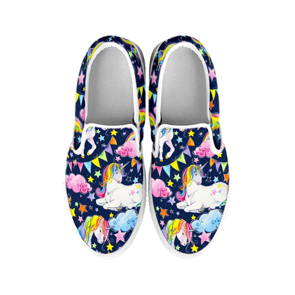 Unicorn Night Festival Pattern Print White Slip On Sneakers