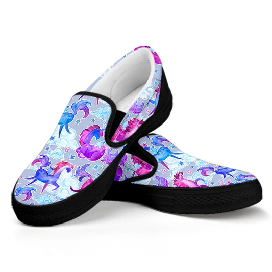 Unicorn Paradise Pattern Print Black Slip On Sneakers