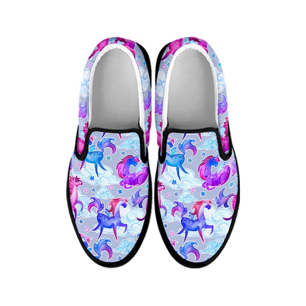 Unicorn Paradise Pattern Print Black Slip On Sneakers
