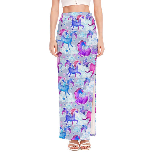 Unicorn Paradise Pattern Print High Slit Maxi Skirt