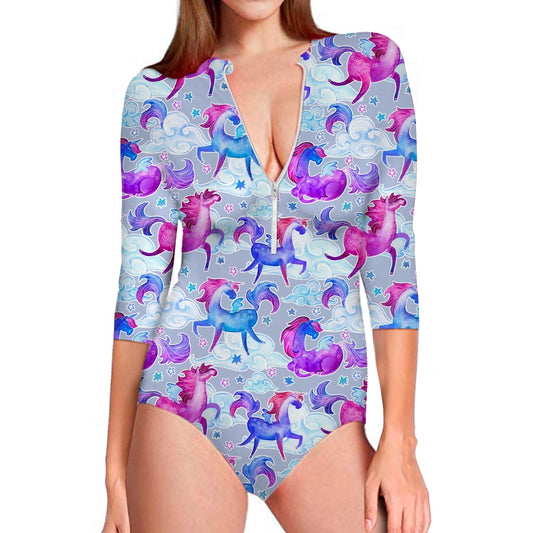 Unicorn Paradise Pattern Print Long Sleeve Swimsuit
