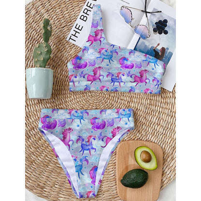 Unicorn Paradise Pattern Print One Shoulder Bikini Top