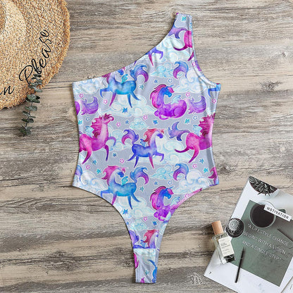Unicorn Paradise Pattern Print One Shoulder Bodysuit