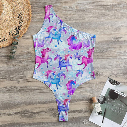 Unicorn Paradise Pattern Print One Shoulder Bodysuit