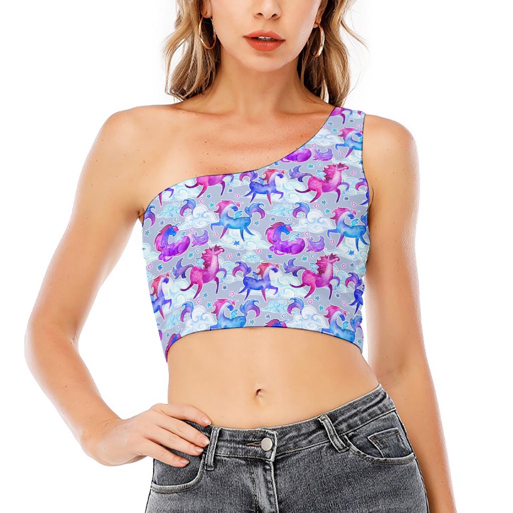 Unicorn Paradise Pattern Print One Shoulder Crop Top