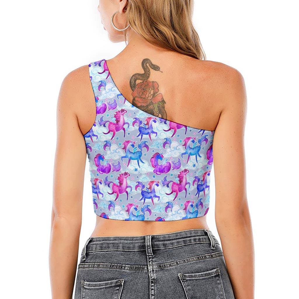 Unicorn Paradise Pattern Print One Shoulder Crop Top