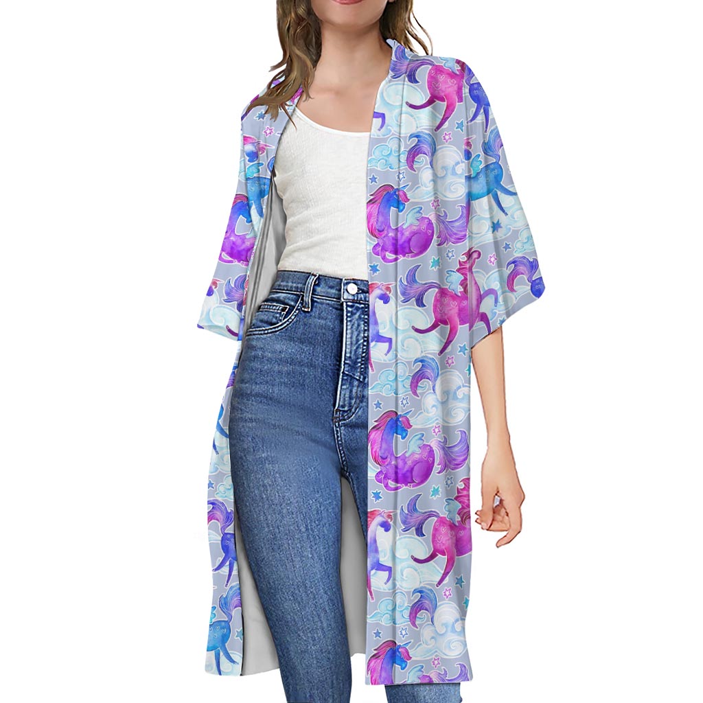 Unicorn Paradise Pattern Print Open Front Beach Cover Up
