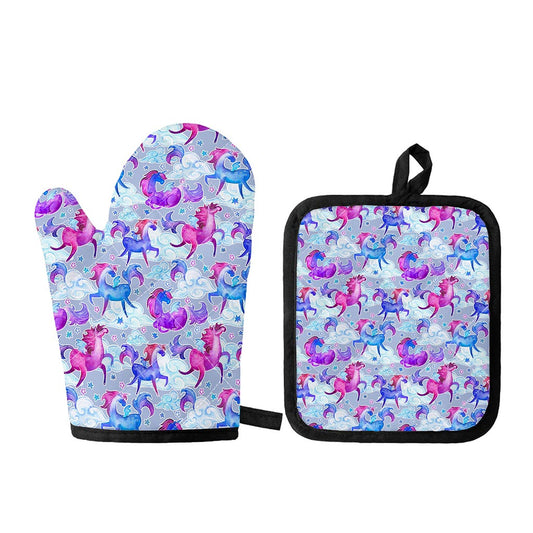 Unicorn Paradise Pattern Print Oven Mitt And Pot Holder Set