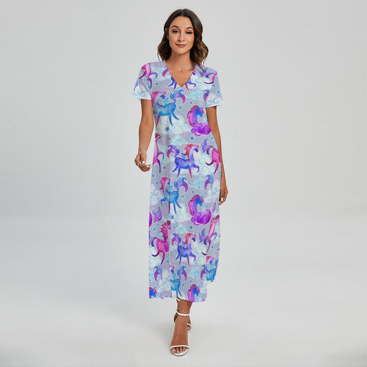Unicorn Paradise Pattern Print Short Sleeve Maxi Dress