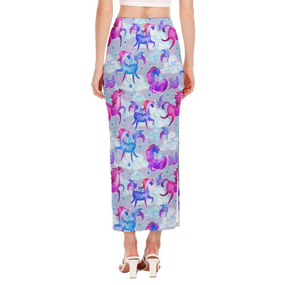 Unicorn Paradise Pattern Print Side Slit Maxi Skirt