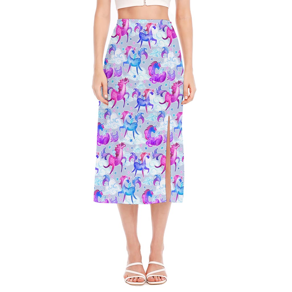 Unicorn Paradise Pattern Print Side Slit Midi Skirt