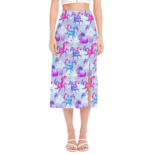 Unicorn Paradise Pattern Print Side Slit Midi Skirt