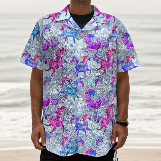 Unicorn Paradise Pattern Print Textured Short Sleeve Shirt