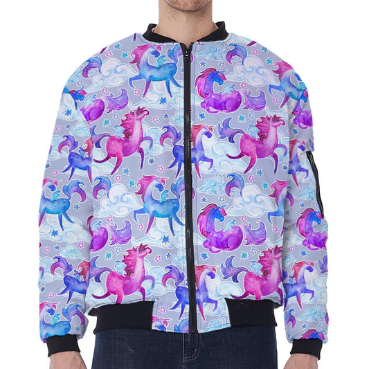 Unicorn Paradise Pattern Print Zip Sleeve Bomber Jacket