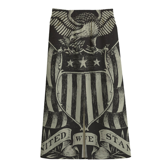 United We Stand American Flag Print Cotton Front Slit Maxi Skirt
