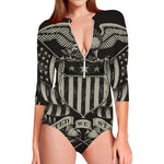 United We Stand American Flag Print Long Sleeve Swimsuit