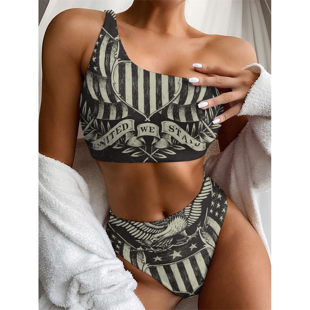 United We Stand American Flag Print One Shoulder Bikini Top
