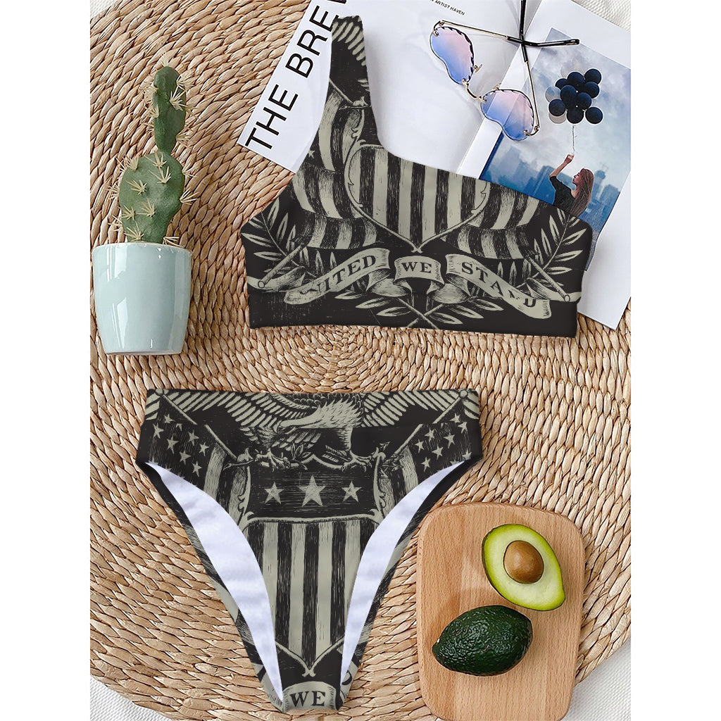 United We Stand American Flag Print One Shoulder Bikini Top