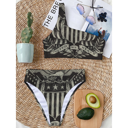 United We Stand American Flag Print One Shoulder Bikini Top